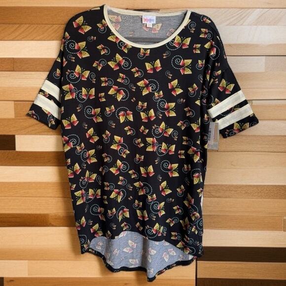 LuLaRoe Womens Top Sz XXS Irma Tunic Butterfly Print‎ Black Pale Yellow NEW - Picture 2 of 8